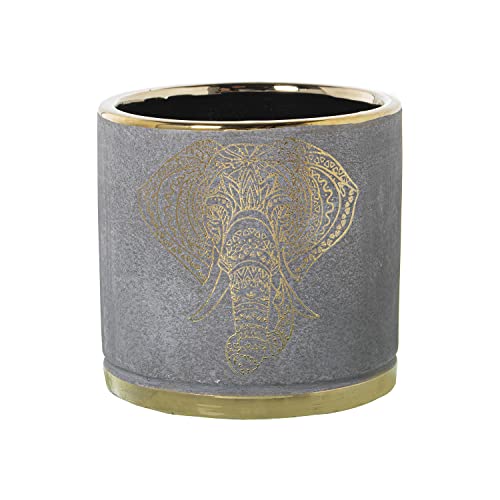 DRW Runder Blumentopf aus Keramik mit Elefantengesicht in Grau und Gold, 14 x 14 cm von DRW