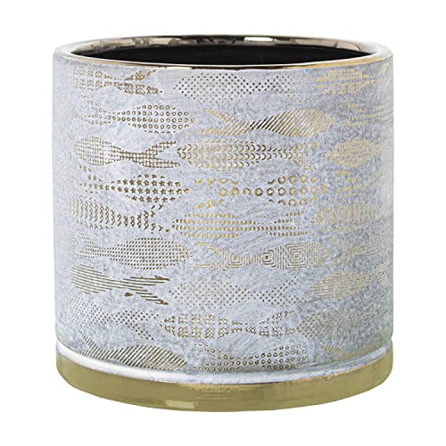 DRW Runder Blumentopf aus Keramik mit Fischen in Weiß und Gold, 18 x 18 cm von DRW