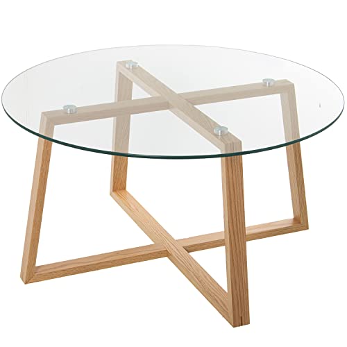 DRW Runder Couchtisch aus Holz und Glas in Natur- und Transparent, Ø78 x 41 cm von DRW