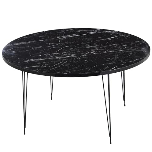 DRW Runder Couchtisch aus Holz und Metall in Schwarz mit Marmor-Effekt, 89 x 45 cm, Dicke 1,8 cm, 89x45cm, grosor 1,8cm von DRW