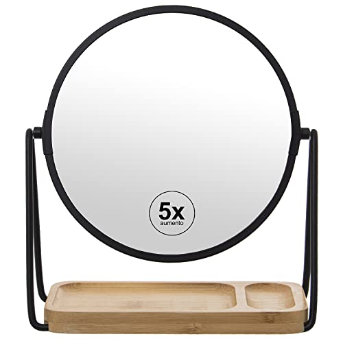 DRW Runder Spiegel mit 5-facher Vergrößerung aus Metall und Holz in Schwarz und Natur, 18 cm von DRW