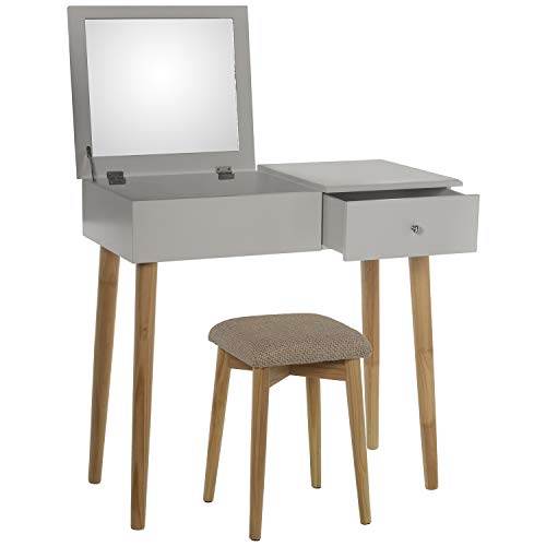 DRW Schminktisch mit 1 Schublade und Spiegel und Hocker Beinen in Natur 80 x 40 x 75 cm, Bank 30 x 30 x 45 cm, Holz, Modernes Weiß, 80x40x75cm, Banco 30x30x45cm von DRW