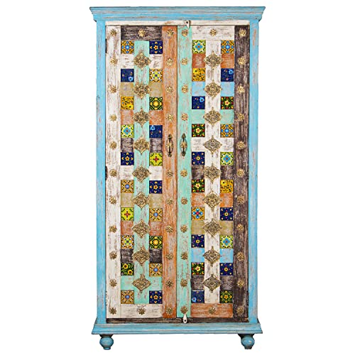 DRW Schrank mit 2 Holztüren dekoriert mit quadratischen Metallbeschlägen mit Mehreren Farben 100 x 45 x 195 cm, Metall Holz, bunt, Grande von DRW