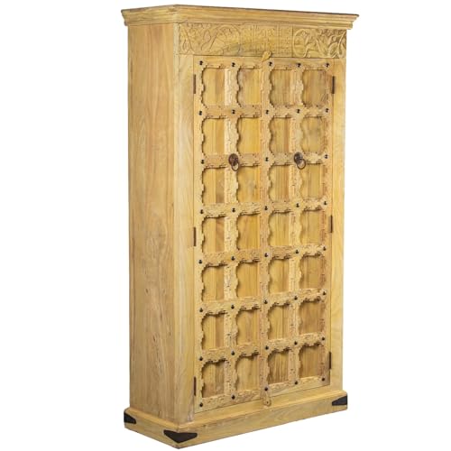 DRW Schrank mit 2 geschnitzten Türen aus Holz in Natur, 100 x 40 x 180 cm DRW Schrank mit 2 geschnitzten Türen aus Holz in Natur, 100 x 40 x 180 cm von DRW