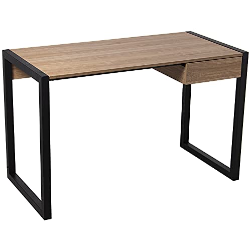 DRW Schreibtisch aus Holz und Metallbeine mit MDF+Melamin und PVC in Natur und Schwarz 120 x 60 x 76 cm, 120x60x76cm von DRW