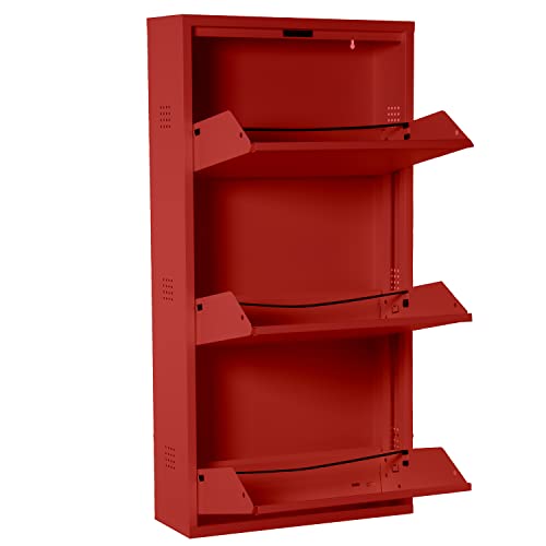DRW Schuhschrank mit 3 Schubladen und Entlüftung aus Metall in Rot 50 x 15 x 130 cm von DRW