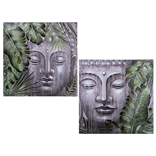 DRW Set aus 2 quadratischen Leinwand-und Holzbildern mit Buddhas, 80 x 3 x 80 cm, Mehrfarbig, estandar von DRW