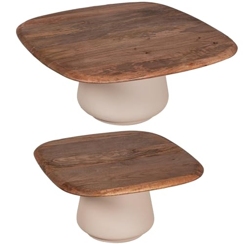 DRW Set mit 2 Beistelltischen aus Holz und Metallsockel in Natur und Beige, 90 x 90 x 40 cm von DRW