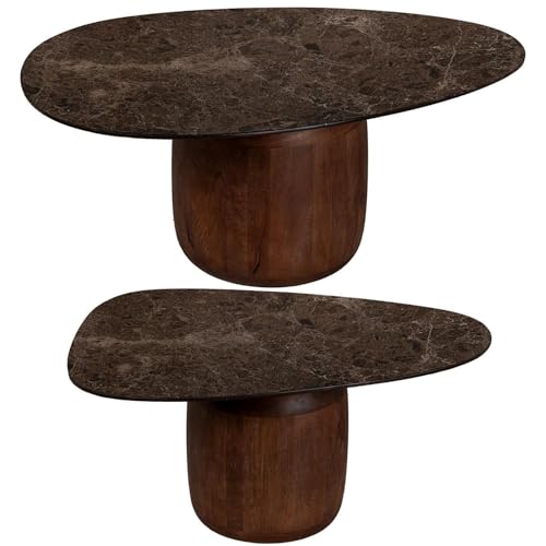 DRW Set mit 2 Beistelltischen aus Keramik und Holzsockel in Braun, 90 x 56 x 37 cm von DRW