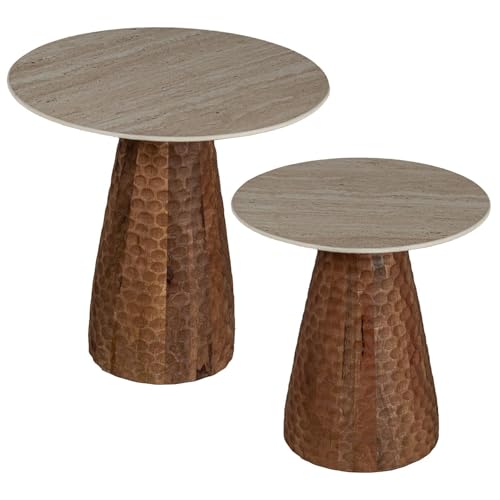 DRW Set mit 2 Beistelltischen aus Keramik und Holzsockel in Braun und Beige, 50 x 50 x 42 cm DRW Set mit 2 Beistelltischen aus Keramik und Holzsockel in Braun und Beige, 50 x 50 x 42 cm von DRW