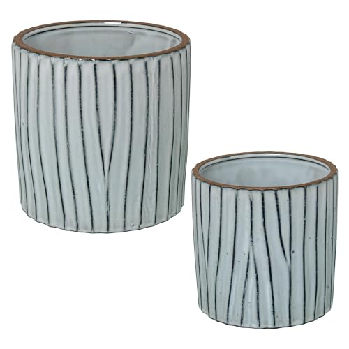 DRW Set mit 2 Blumentöpfen aus Keramik mit Streifen in weiß lackiert, 18 x 18 x 18 cm von DRW