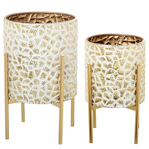 DRW Set mit 2 Blumentöpfen mit Metallfüßen in Weiß und Gold, 36 x 36 x 59 cm von DRW