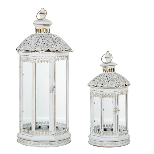 DRW Set mit 2 Bodenlaternen aus vergoldetem und weißem Metall, 27 x 27 x 67 cm und 22 x 22 x 45 cm von DRW