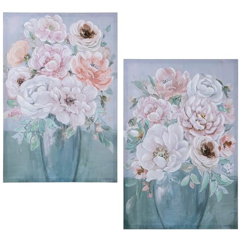 DRW Set mit 2 Gemälden auf Leinwand, handbemalte Blumen, 40% Rosa, Weiß und Blau, 90 x 60 x 3 cm von DRW