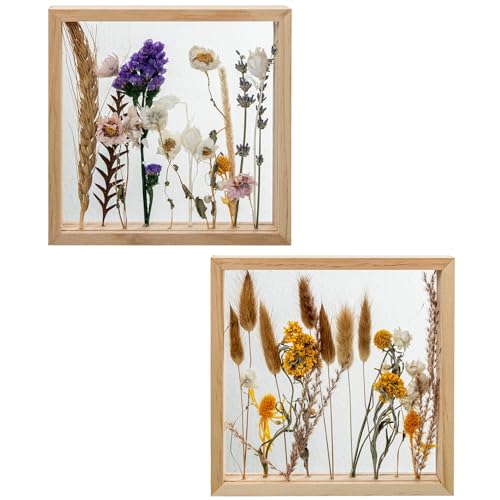 DRW Set mit 2 Holzrahmen und Acryl mit verschiedenen künstlichen Blumen in natürlichen Farbtönen, 17 x 17 x 3 cm von DRW
