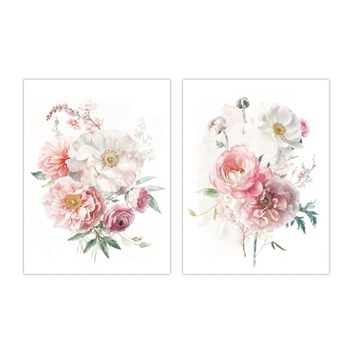 DRW Set mit 2 Leinwandbildern aus Holz mit Blumen in Weiß und Rosen, 30 x 3 x 40 cm von DRW