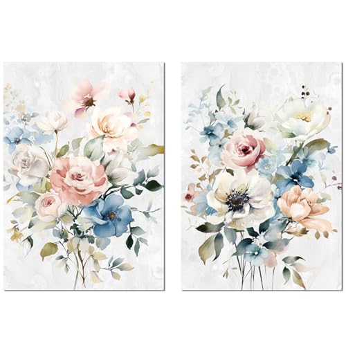 DRW Set mit 2 Leinwandbildern aus Holz mit Blumen mit Handteil in Weiß, Rosa und Blau, 70 x 3 x 100 cm von DRW
