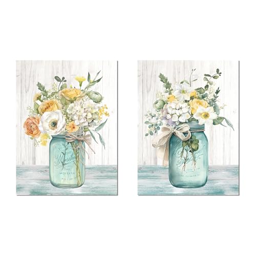 DRW Set mit 2 Leinwandbildern aus Holz mit Blumen und einem Teil in Weiß und Gelb, 30 x 3 x 40 cm von DRW