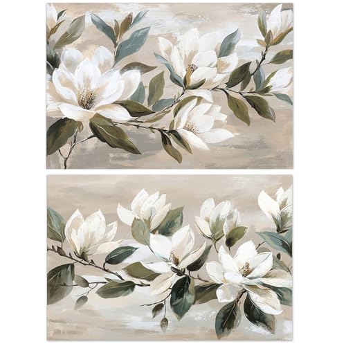 DRW Set mit 2 Leinwandbildern aus Holz mit Blumen und einem Teil in Weiß und Grün, 80 x 3 x 120 cm von DRW