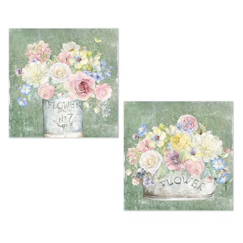 DRW Set mit 2 Leinwandbildern mit Holzrahmen mit Blumen-Sortiment mit handgemachtem Teil in Rosa und Weiß, 50 x 3 x 50 cm von DRW