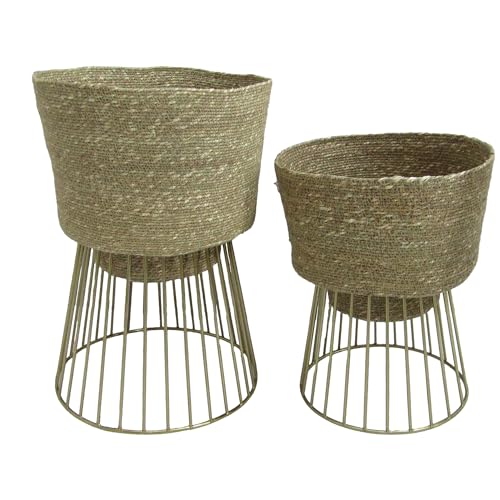 DRW Set mit 2 Pflanzgefäßen mit Korbfuß und Metall in Natur und Gold, 28 x 28 x 42 und 24 x 24 x 33 cm von DRW