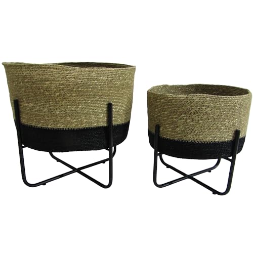 DRW Set mit 2 Pflanzgefäßen mit Korbfuß und Metall in Natur und Schwarz, 30 x 30 x 33 und 24 x 24 x 25 cm von DRW