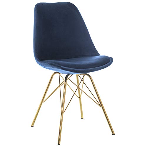DRW Set aus 2 Metallstühlen mit Samtsitz in Gold und Blau, 48 x 55 x 83 cm, Höhe Sitzfläche 50 cm, Metall und Samt, 48x55x83cm, Alt. Asiento 50cm von DRW