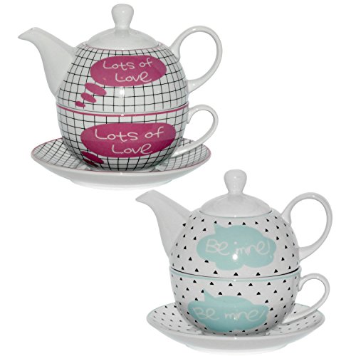 DRW - Set mit 2 Tassen mit Teekanne und Untertasse aus Porzellan Love, be Mine, Dream von DRW