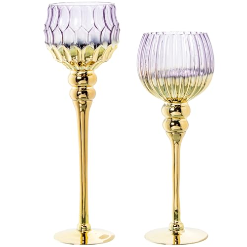 DRW Set mit 2 Teelichtgläsern aus violettem und goldenem Glas, Ø 10 x 36 + Ø 10 x 40 cm DRW Set mit 2 Teelichtgläsern aus violettem und goldenem Glas, Ø 10 x 36 + Ø 10 x 40 cm von DRW
