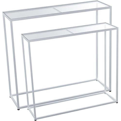 DRW Set mit 2 Tischen aus Metall und Glas in Weiß und Transparent, 90 x 28 x 80 und 85 x 24 x 75 cm, 90x28x80 y 85x24x75cm von DRW