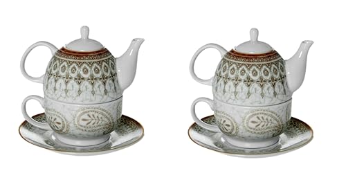 DRW Set mit 2 Untertasse, aus Porzellan, Kaschmir, Braun, Tasse+Teekanne: 14 x 10 cm. Teller:15.5 cm, bunt, estandar von DRW