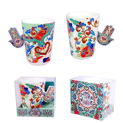 DRW Set mit 2 Untertasse Hand der Fatima Tasse 8,5 x 8,5 x 13 cm, Keramik, Taza 8.5x8.5x13 cm von DRW