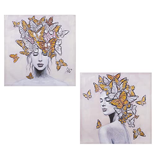 DRW Set mit 2 quadratischen Bildern aus Leinwand und Holz, mit Frauen und Schmetterlingen, 80 x 3 x 80 cm, Mehrfarbig, estandar von DRW