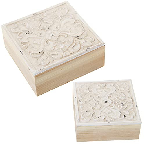 DRW Set mit 2 quadratischen Boxen aus Holz, geschnitzt, natur und rosa, 20 x 20 x 8,5 cm und 16 x 16 x 6,5 cm von DRW