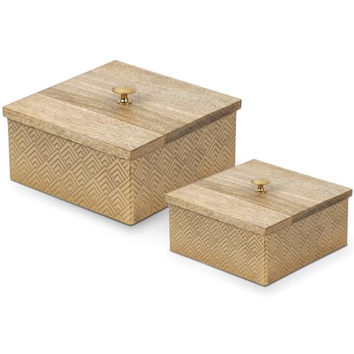 DRW Set mit 2 quadratischen Boxen aus Holz und Metall in Gold, 17 x 17 x 9 cm und 13 x 13 x 8 cm von DRW
