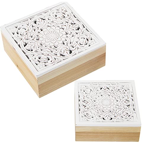 DRW Set mit 2 quadratischen Holzkisten in Weiß und Natur, 20 x 20 x 8, 16 x 16 x 6,5 cm, Holz, estandar von DRW