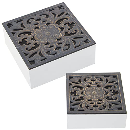 DRW Set mit 2 quadratischen Schachteln aus durchbrochenem Holz in Weiß und Grau, 20 x 20 x 8 cm und 16 x 16 x 6,5 cm von DRW