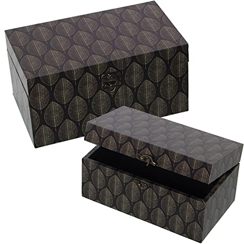 DRW Set mit 2 rechteckigen Boxen aus MDF und Polyester-Leinwand mit Blättern, 30 x 18 x 15 cm und 24 x 14 x 12 cm von DRW