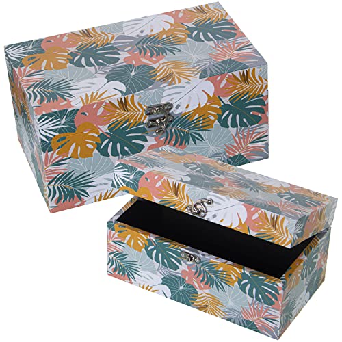 DRW Set mit 2 rechteckigen Boxen aus MDF und Polyester-Leinwand mit Blättern, 30 x 18 x 15 cm und 24 x 14 x 12 cm von DRW