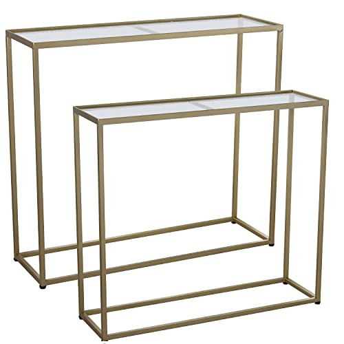 DRW Set mit 2 rechteckigen Eingangstischen aus Metall und Glas in Gold und Transparent, 90 x 28 x 80 cm und 85 x 24 x 75 cm, ESTANDAR von DRW