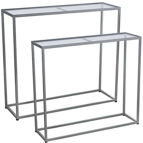 DRW Set mit 2 rechteckigen Eingangstischen aus Metall und Glas, in Silber und Transparent, 90 x 28 x 80 cm und 85 x 24 x 75 cm von DRW