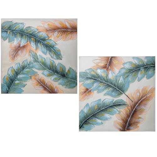 DRW Set mit 2 rechteckigen Leinwandbildern mit Blättern, Beige und Blau, 60 x 3 x 60 cm von DRW
