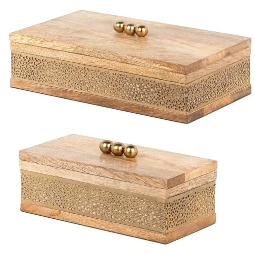 DRW Set mit 2 rechteckigen Schachteln aus Holz und vergoldetem Metall, 26 x 15 x 8 cm und 20 x 10 x 8 cm von DRW