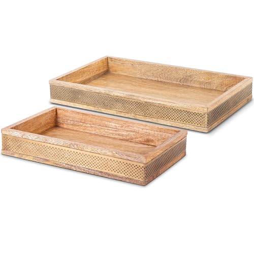 DRW Set mit 2 rechteckigen Tabletts aus Holz und Metall, Natur und Gold, 38 x 23 x 5 cm und 30 x 20 x 5 cm von DRW
