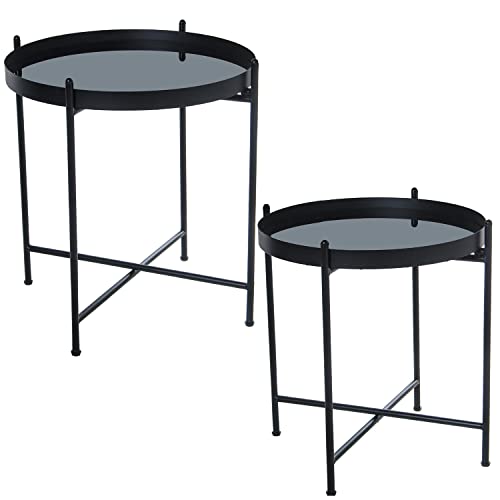 DRW Set mit 2 runden Beistelltischen aus Metall und Glas in Schwarz und Transparent 53 x 56 cm und 58 x 62 cm, ESTANDAR von DRW