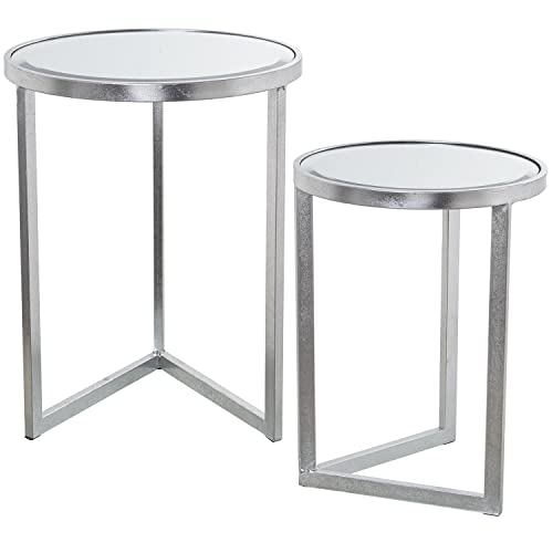 DRW Set mit 2 runden Beistelltischen aus Metall und Spiegel in Silber 42 x 54 cm und 36 x 48 cm, ESTANDAR von DRW