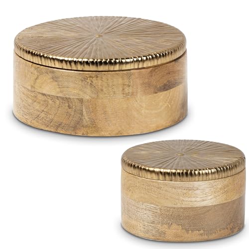 DRW Set mit 2 runden Schachteln aus Holz und Metall in Gold, 17 x 17 x 7 cm und 13 x 13 x 7 cm von DRW