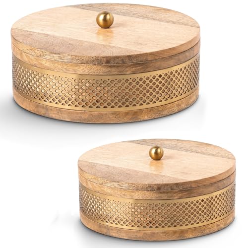 DRW Set mit 2 runden Schachteln aus Holz und vergoldetem Metall, 20 x 20 x 8 cm und 15 x 15 x 8 cm von DRW