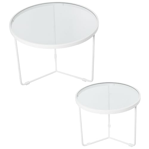 DRW Set mit 2 runden Tischen aus Metall und Glas, in Weiß und Transparent, 60 x 45 und 45 x 38 cm, 60x45 y 45x38cm von DRW