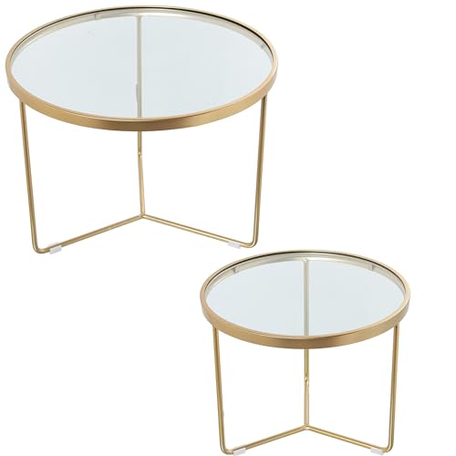 DRW Set mit 2 runden Tischen aus Metall und Glas in Gold und Transparent, 60 x 45 und 45 x 38 cm, 60x45 y 45x38cm von DRW